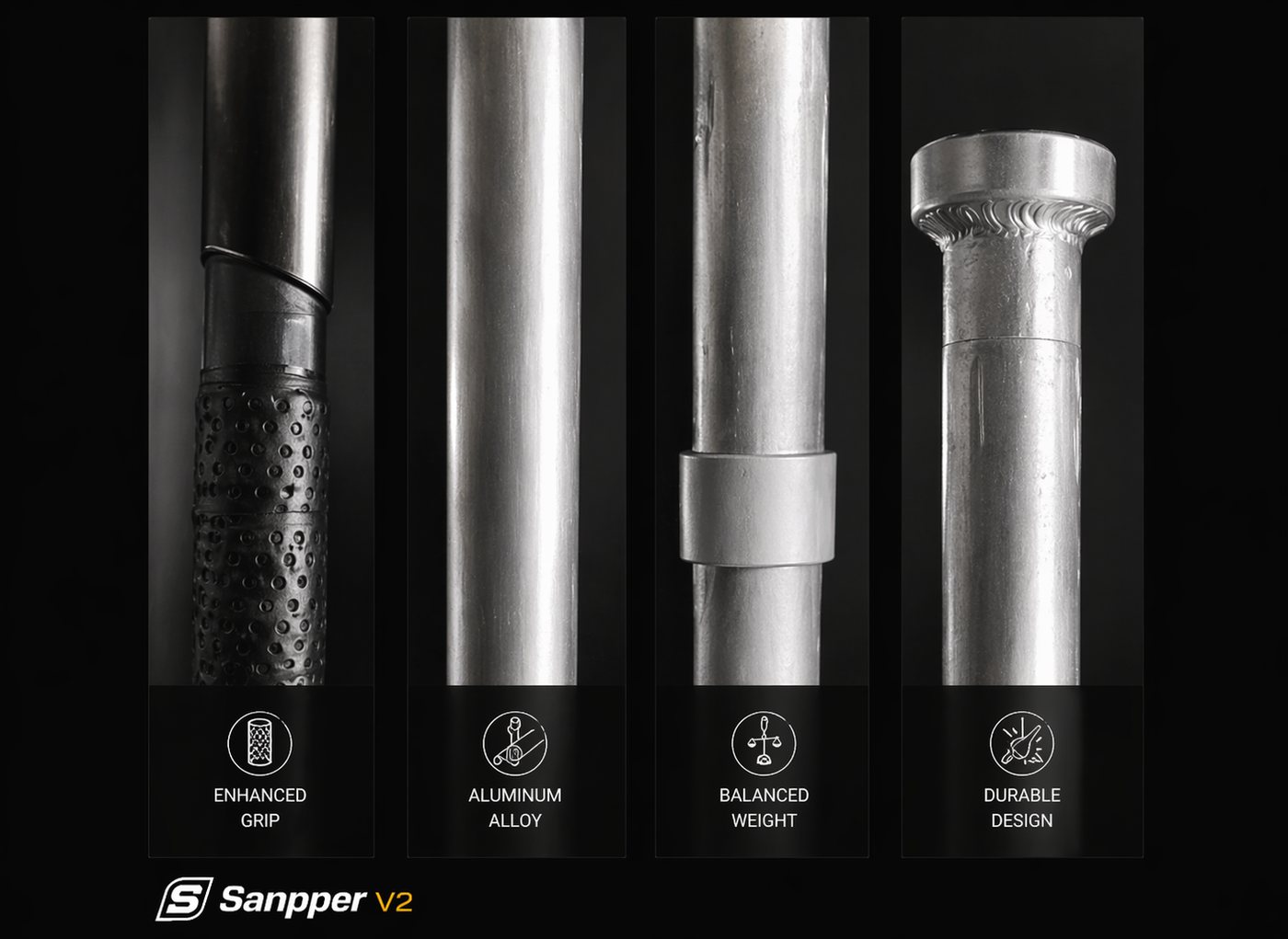 Snapper V2 features: enhanced grip, aluminum alloy, balanced weight, durable design